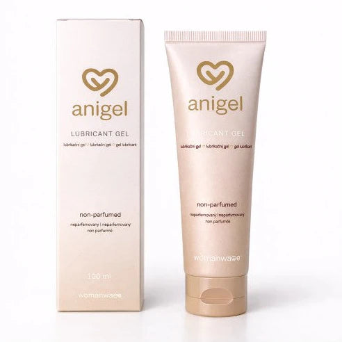 Anjel Lubricant Gel 100 ml tube and its matching outer packaging box, both in a pale peach-beige color with gold lettering, on a clean white background.