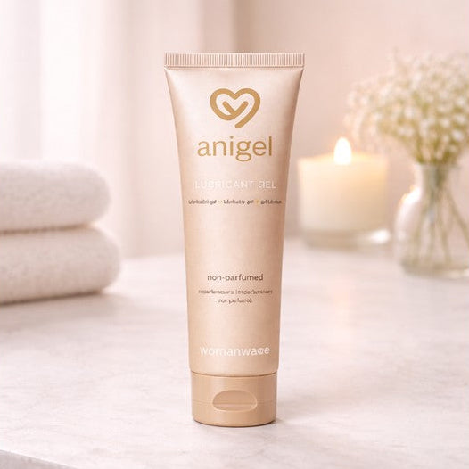 Tube of Anigel product on a white surface with a blurred background for use with Aniball Birth preparation