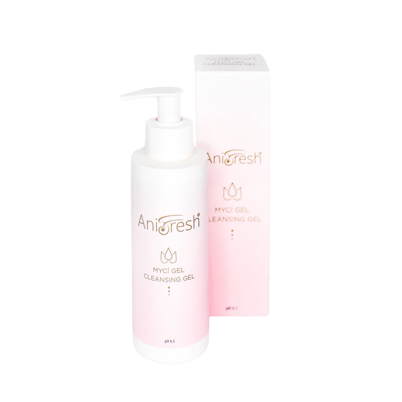 A bottle of Aniofresh Myci Gel Cleansing Gel with a pump dispenser next to its matching pink and white box, set against a plain white background.